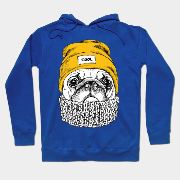 Portrait of Pug in a yellow Hipster hat and with knitted scarf Hoodie by amramna